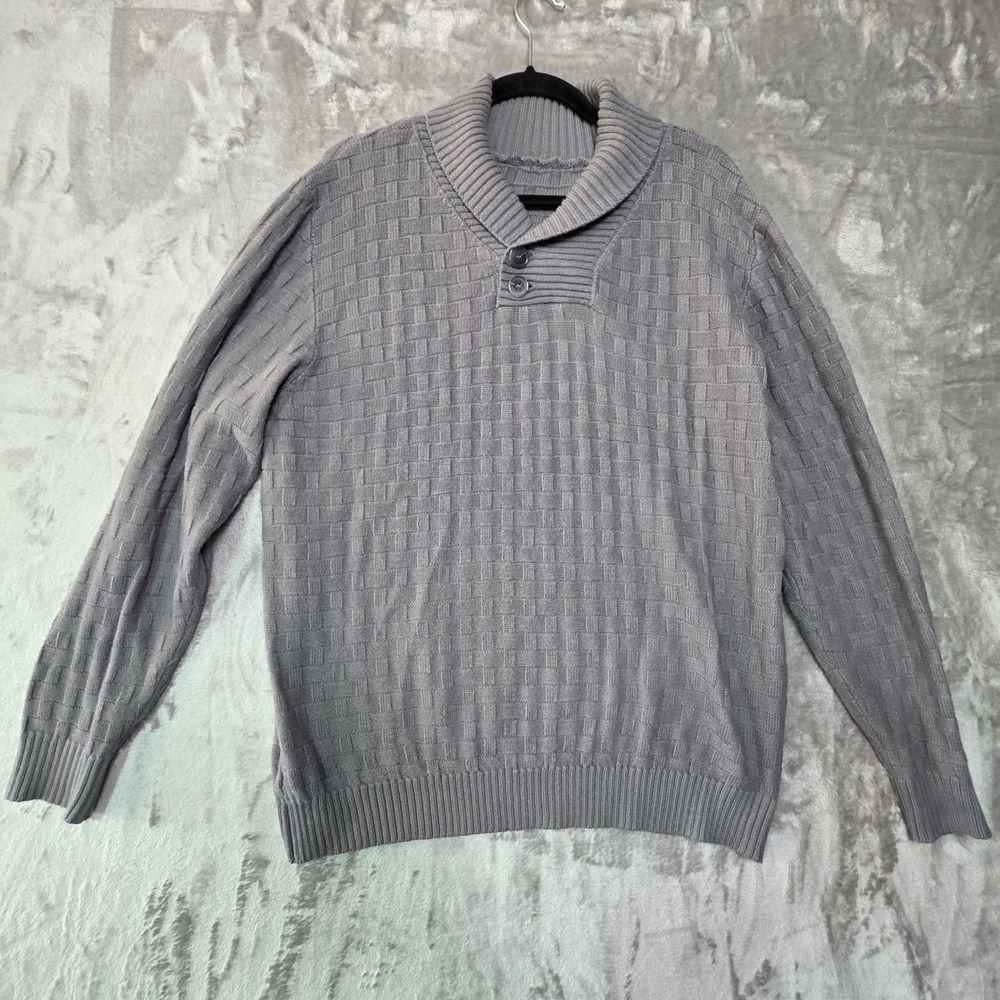 Mens Grey Shawl Collar Basketweave Knit Button Pullover Sweater Size M